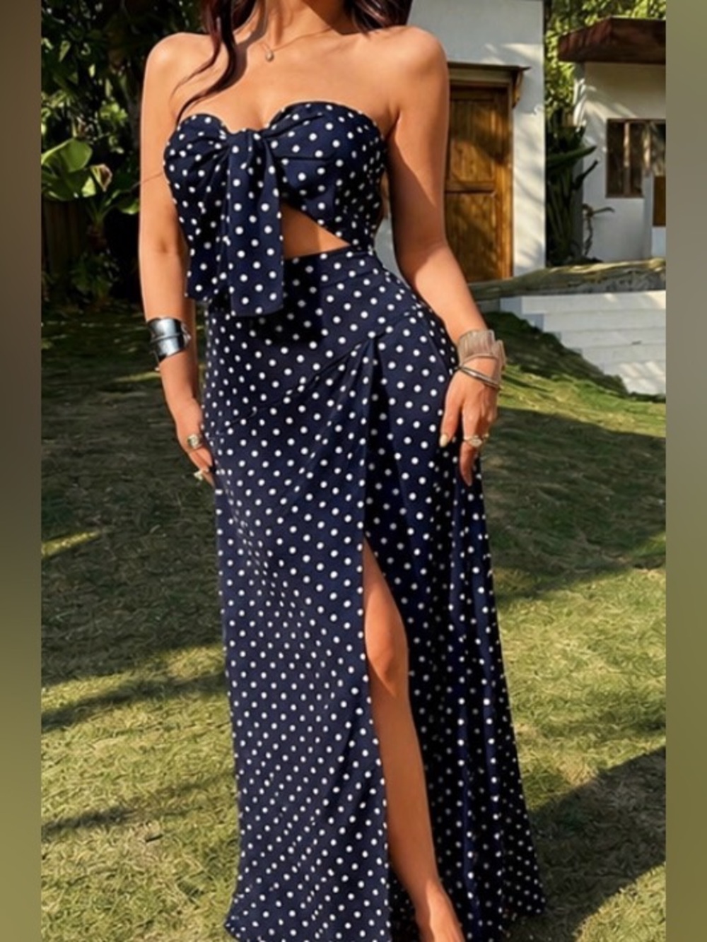 SHEIN VCAY Navy Polka Dot Cutout Maxi Dress Set NWOT Medium - Picture 2 of 3